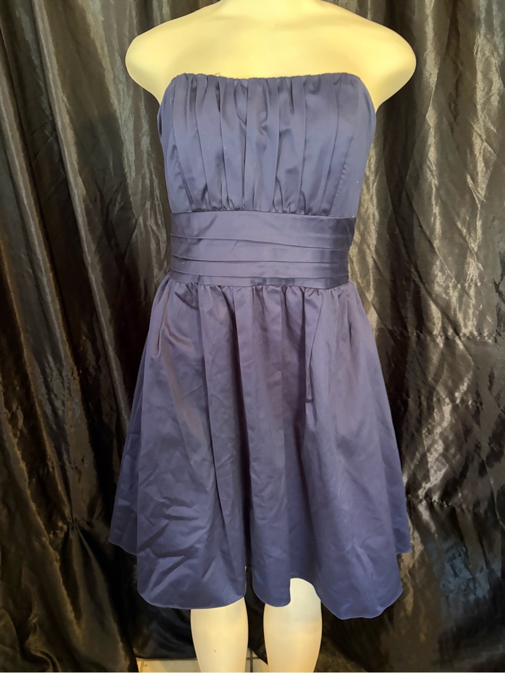 David's Bridal Strapless Navy Pleated Waist Cocktail Dress